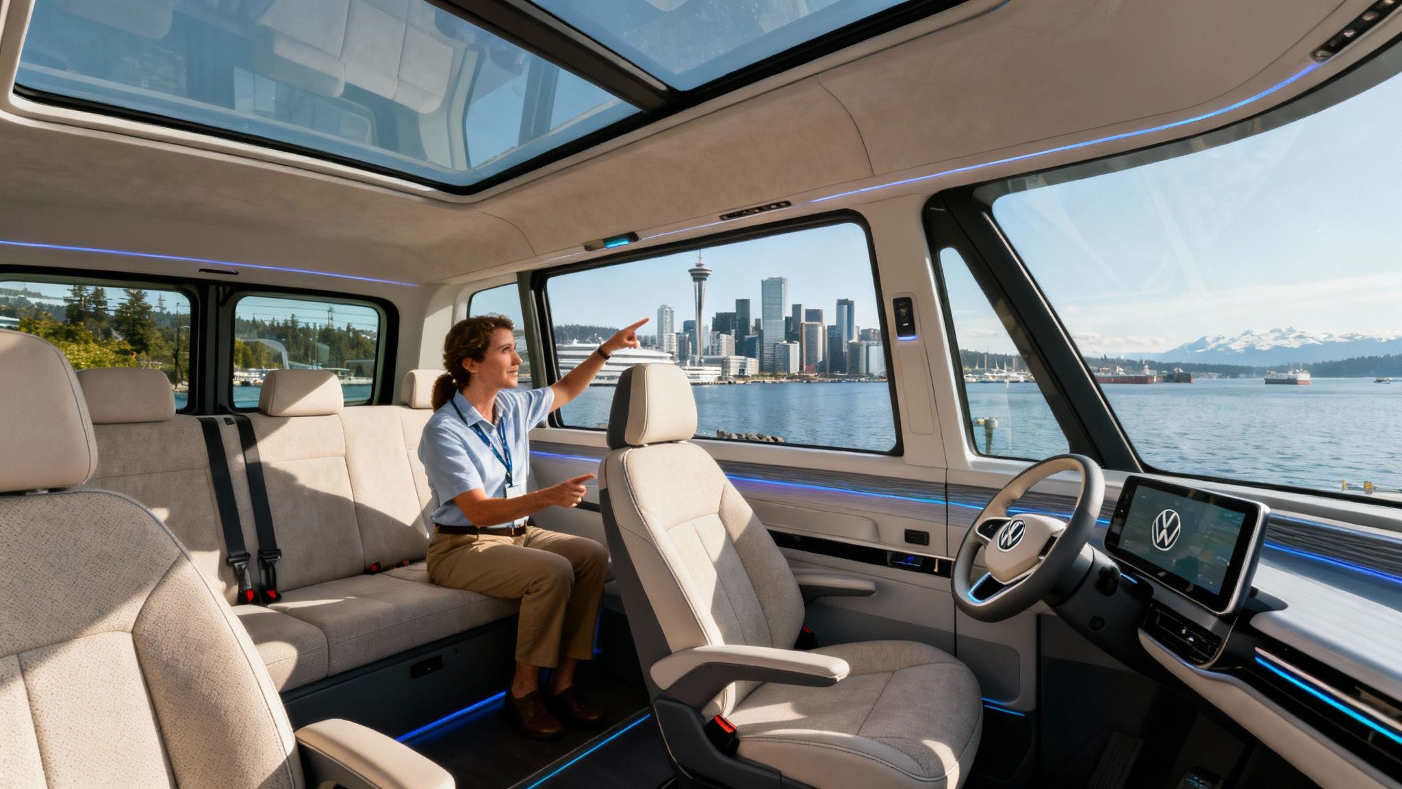 Person inside modern VW van pointing at Vancouver skyline and harbour, with mountains and boats visible.