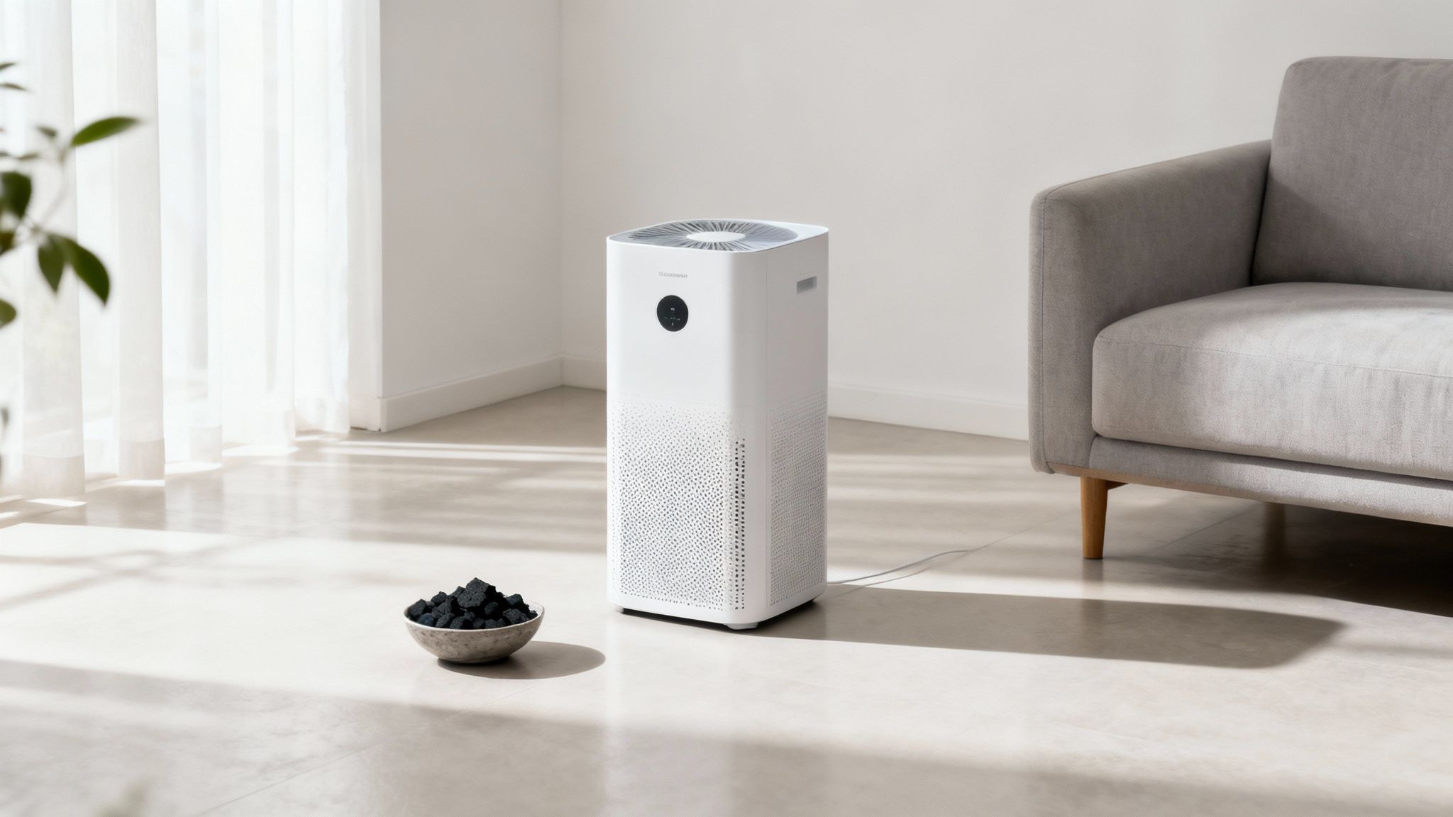 An air purifier running in a clean living room, symbolizing fresh air.