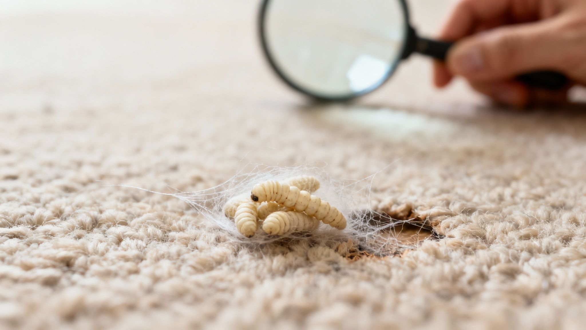 A close-up of moth larvae in a wool carpet, showing their small, cream-coloured bodies and the surrounding damage.