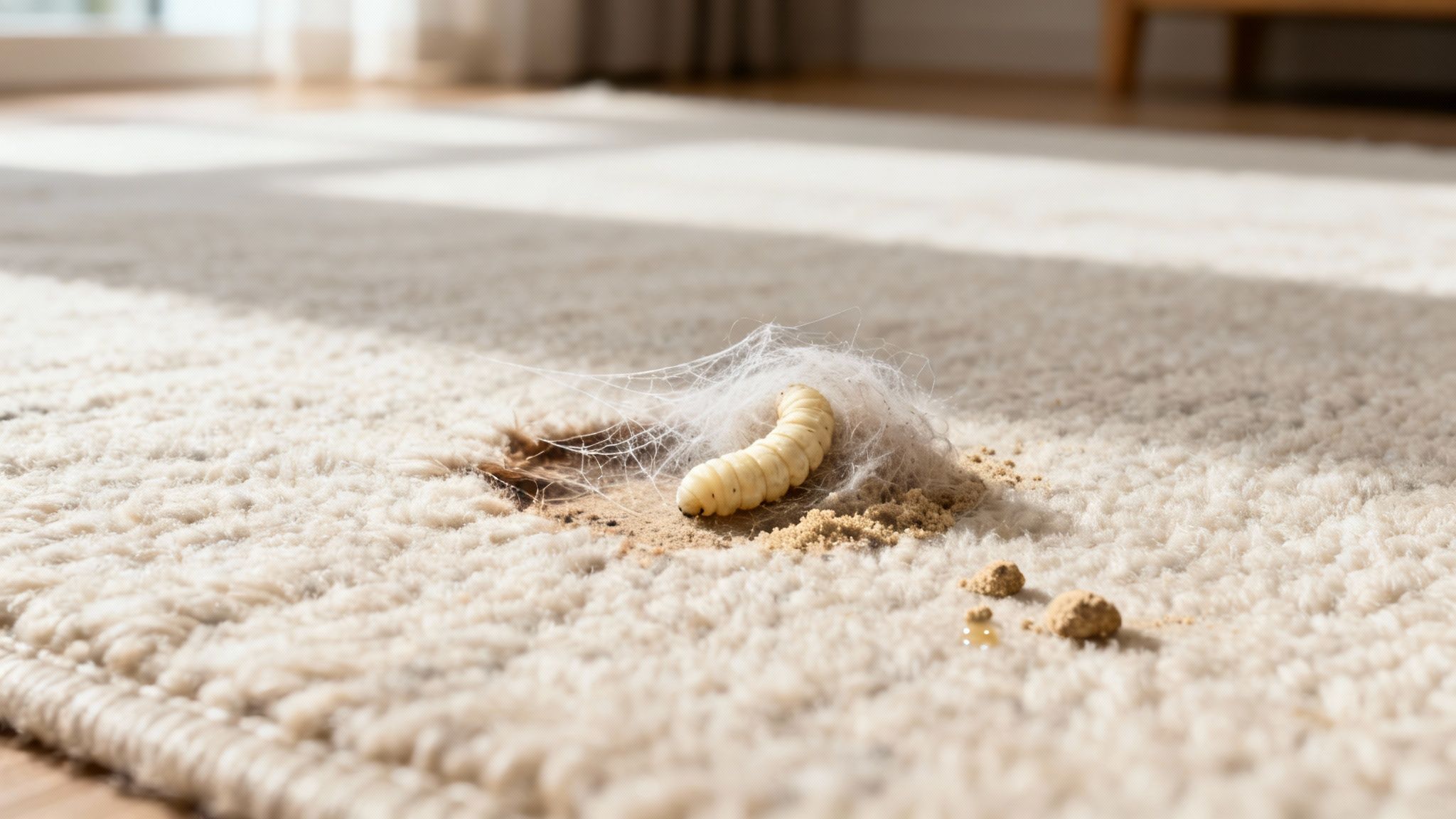 A close-up of a carpet moth on a textured, brown carpet.