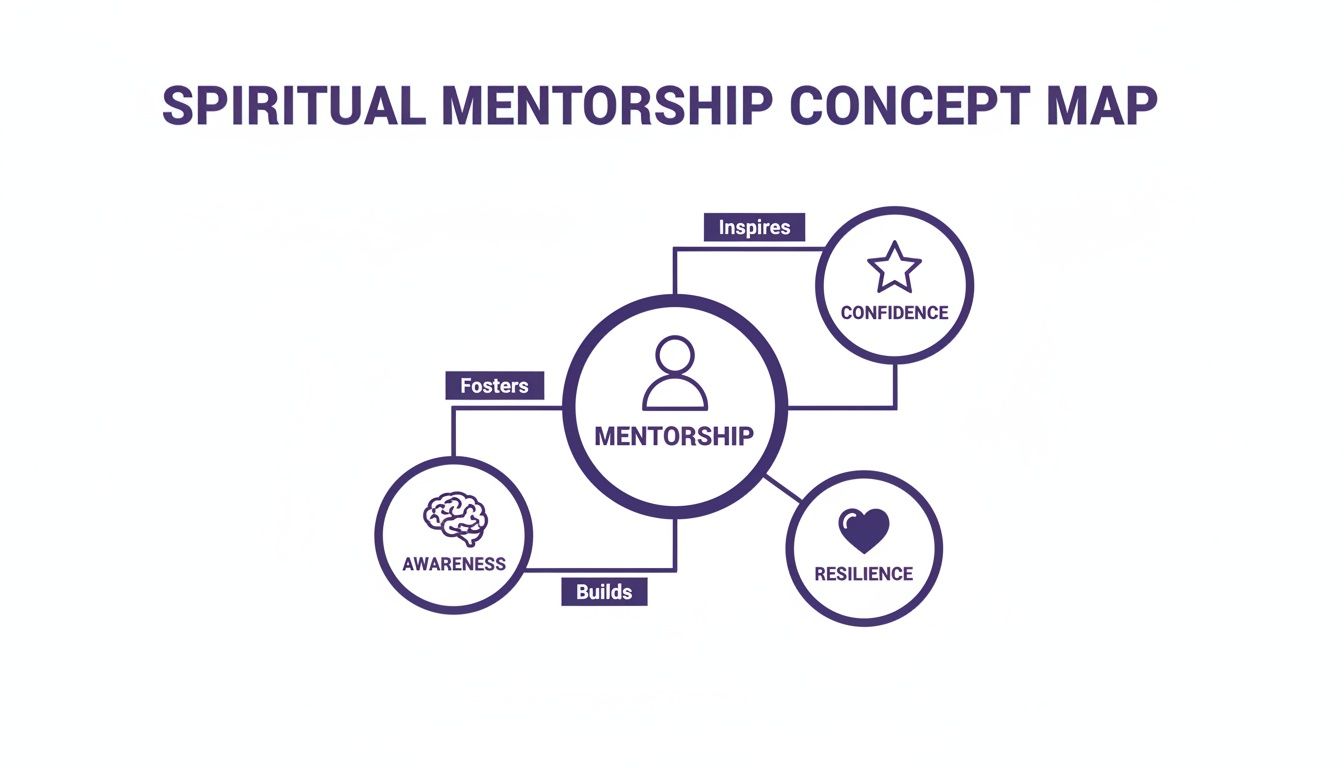 A concept map showing spiritual mentorship at the center, inspiring confidence, fostering awareness, and building resilience.
