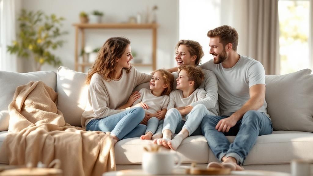 A professional technician steam cleaning a light-coloured sofa in a modern living room.