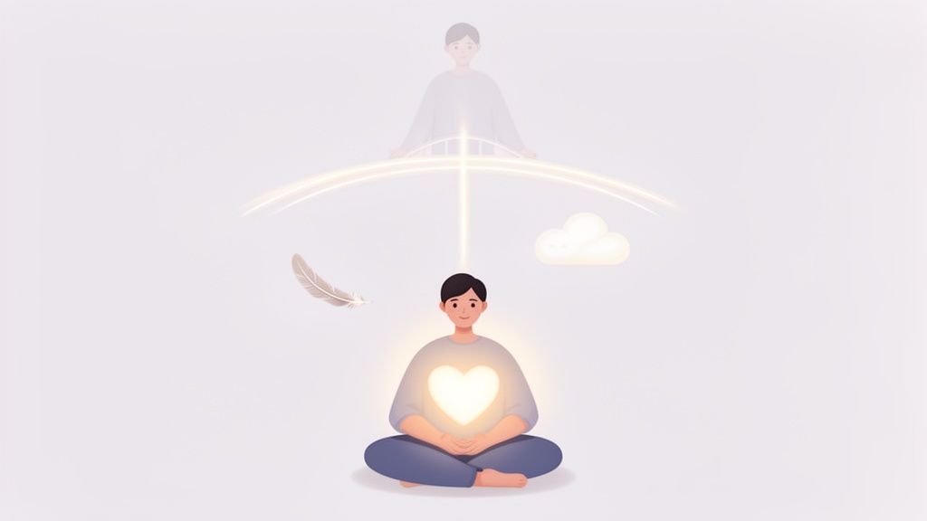 A person meditating with a glowing heart connected to a spirit figure above by light.