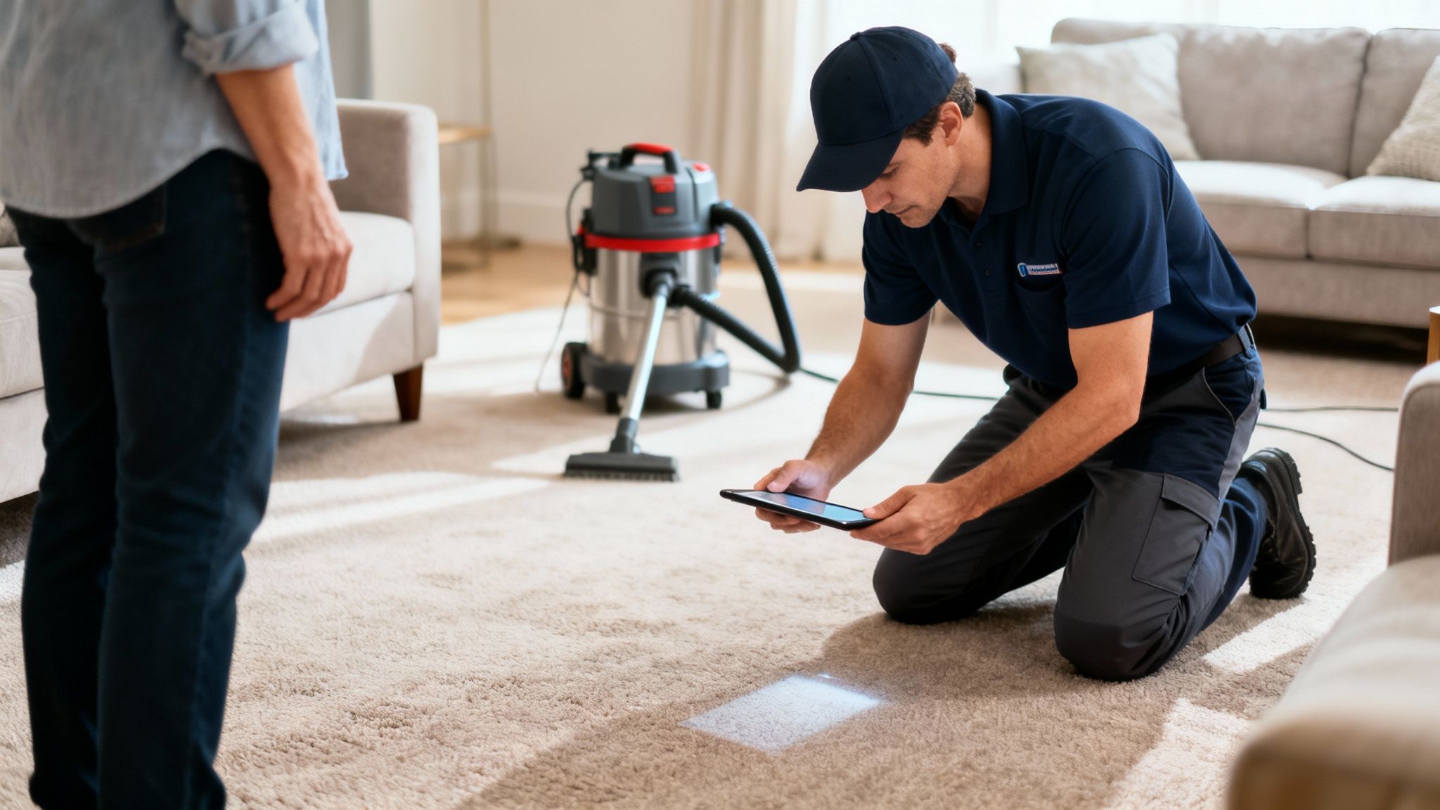 Professional carpet cleaner inspecting a stain on a beige carpet with a tablet.