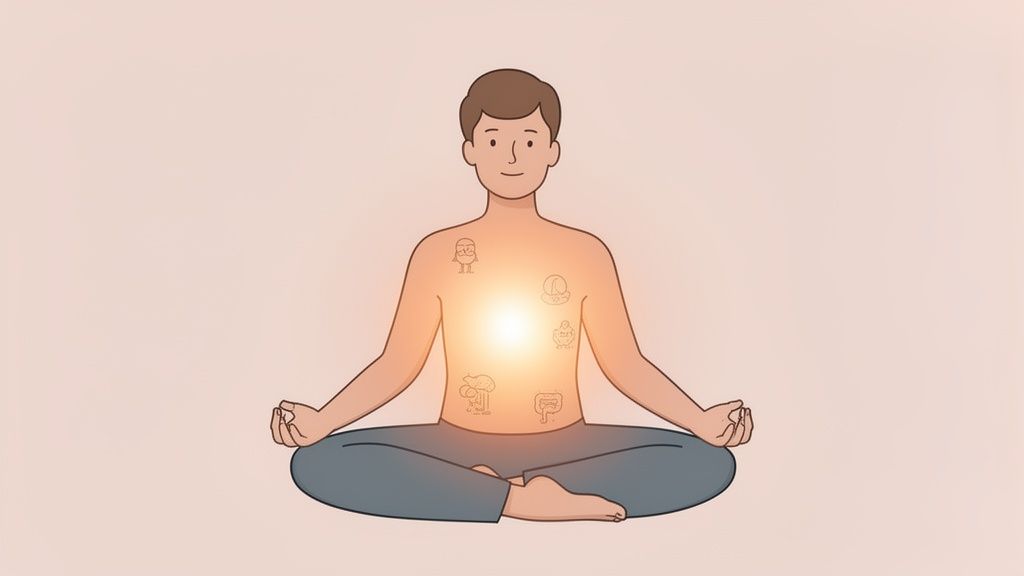 A person meditating in lotus pose with a glowing chest and subtle illustrations of internal organs.