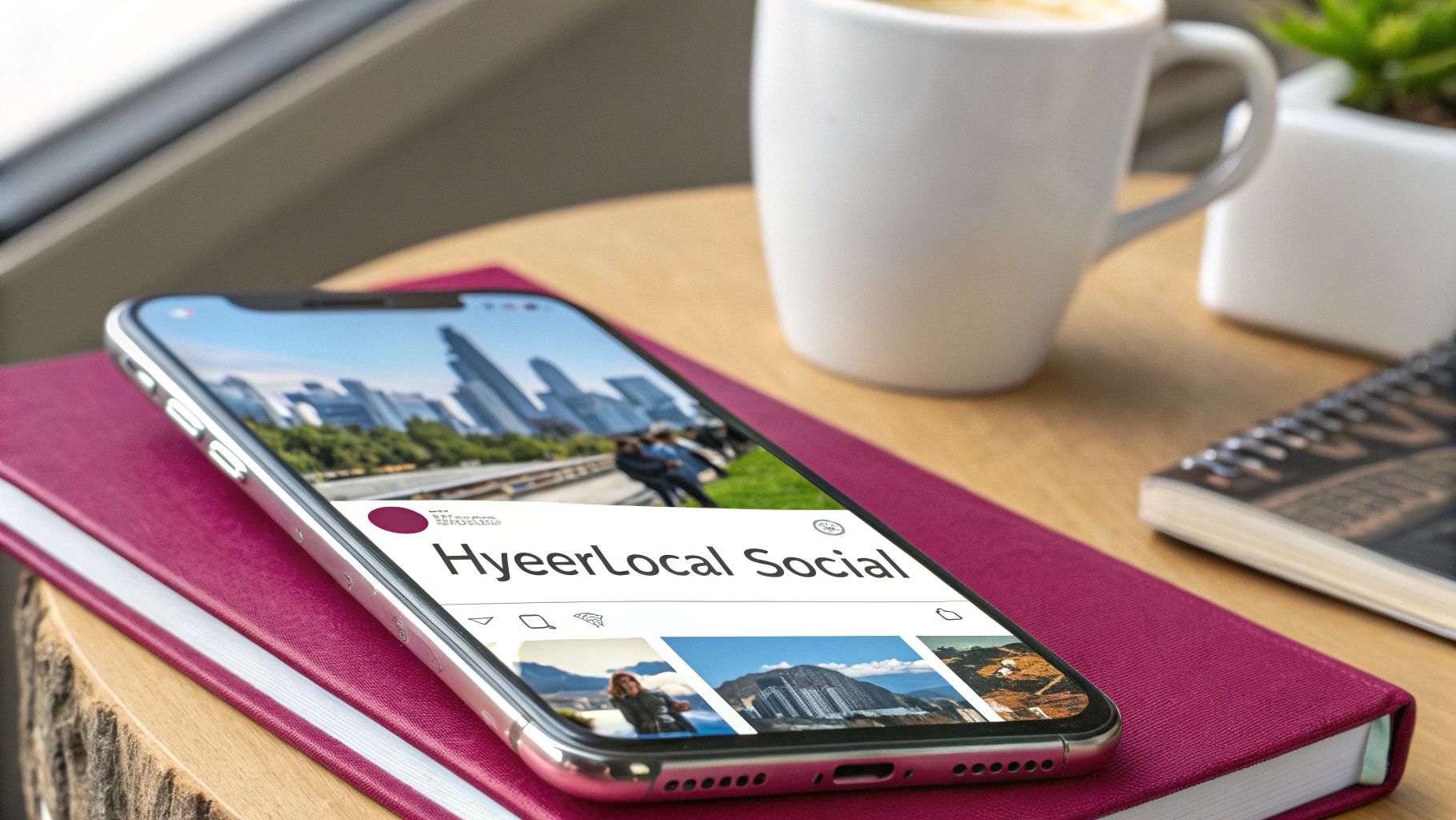 A group of young, creative professionals collaborating on a social media strategy in a bright, modern Vancouver office.