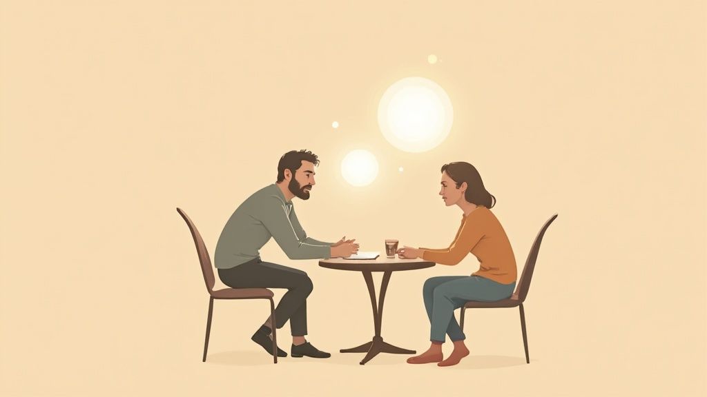 Two people having a psychic session, with luminous thought bubbles above their heads.