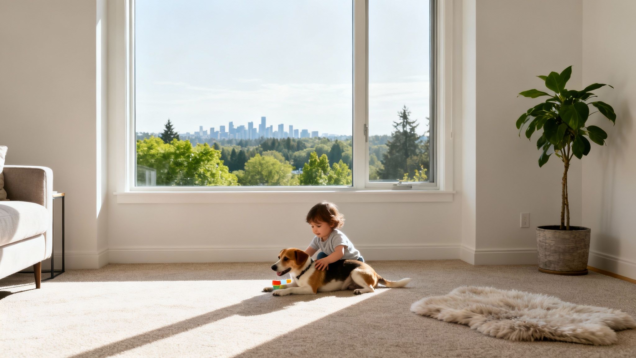A toddler and a beagle playing together on a beige carpet by a large window.