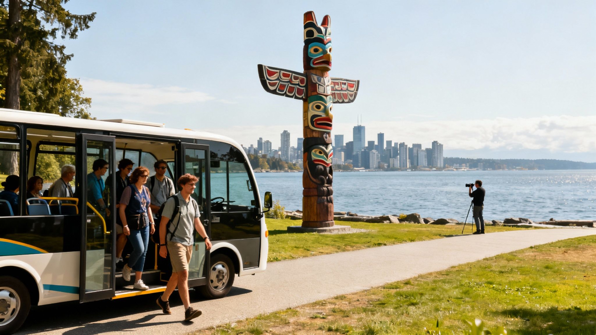 A vibrant tour bus driving past the iconic totem poles in Stanley Park with lush greenery in the background.