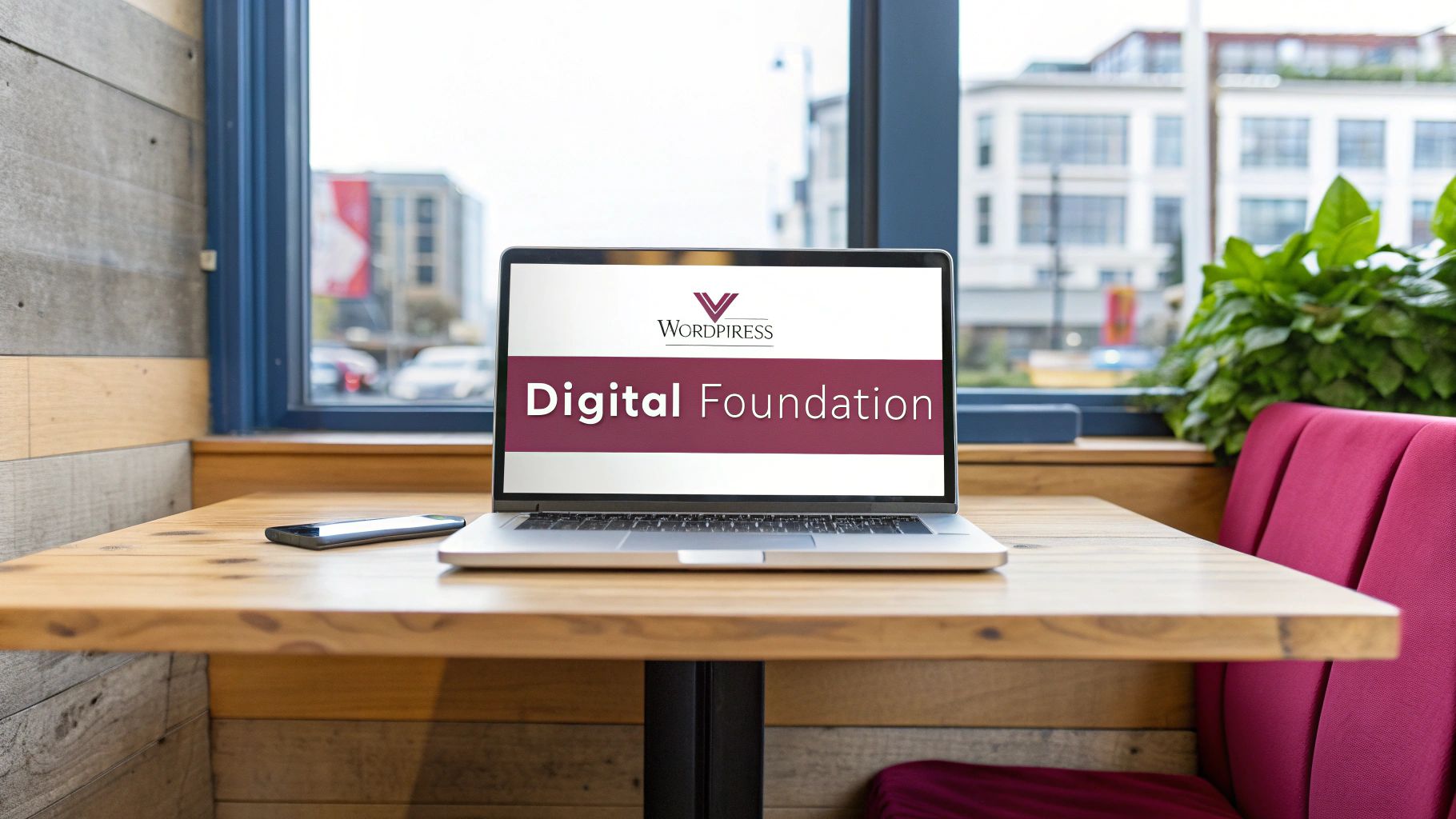 Laptop displaying 'WORDPIRESS Digital Foundation' on a wooden table with a phone and window background.