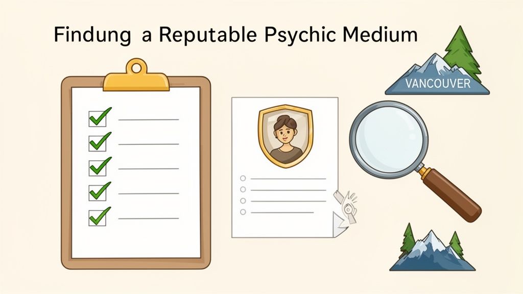 Illustration showing a checklist, a profile badge, and a magnifying glass for finding a psychic medium in Vancouver.