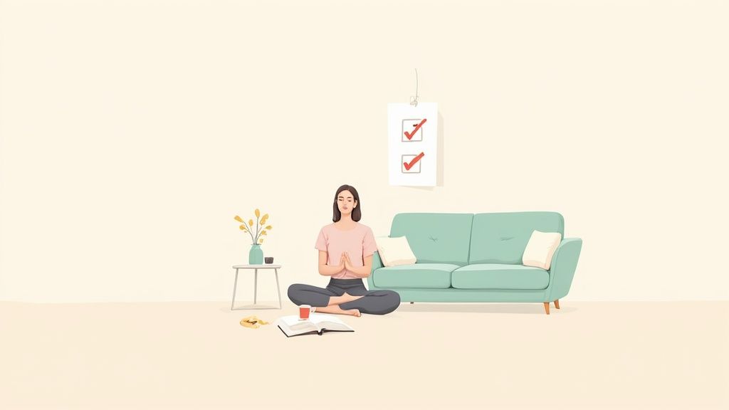 A woman meditates on the floor beside a couch, a book, and a vase, with a checklist on the wall.