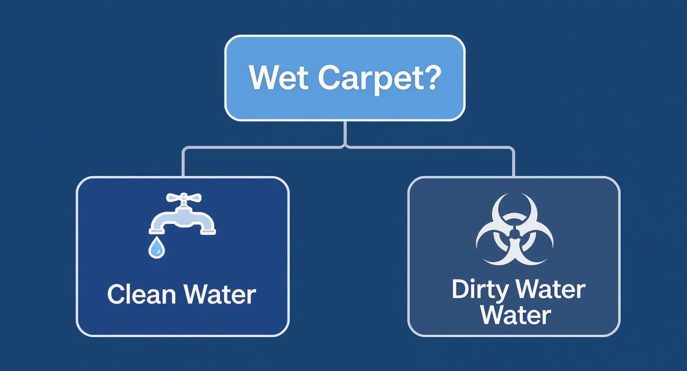 Infographic decision tree showing the difference between clean and dirty water on a wet carpet.