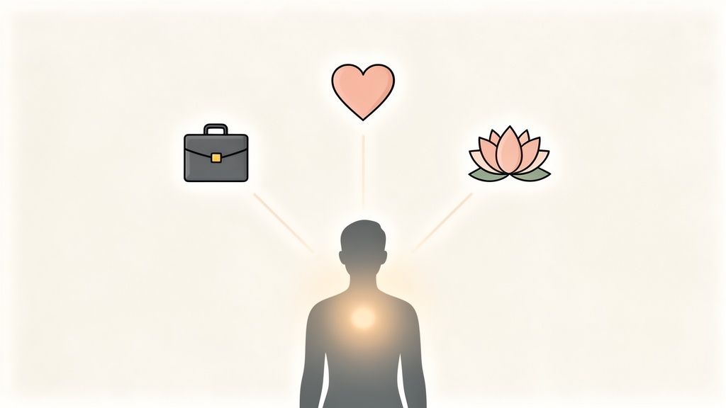 An illustration of a person balancing career, love, and spirituality, represented by a briefcase, heart, and lotus.