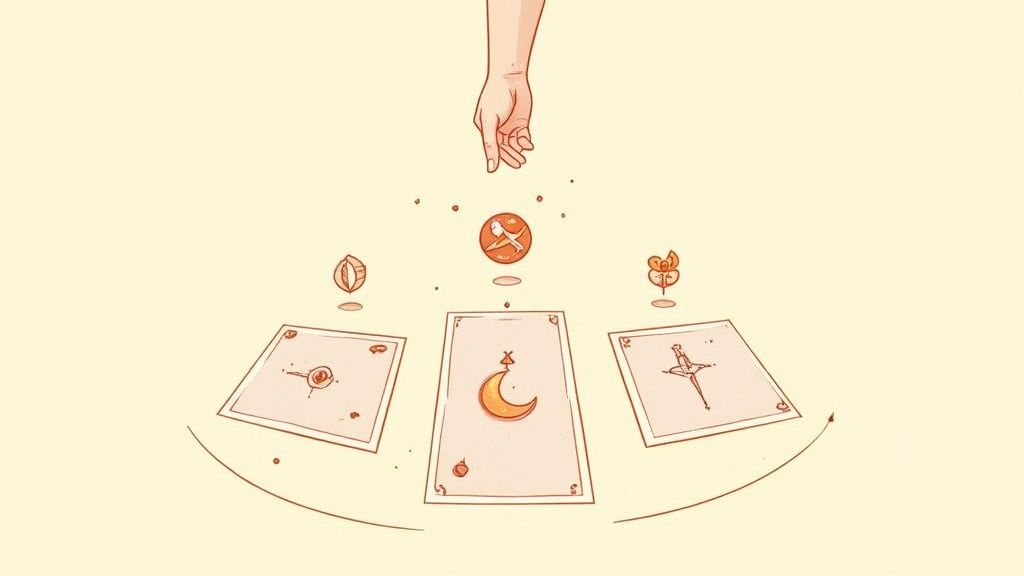 A set of tarot cards spread out on a wooden table, with a candle and crystals nearby.