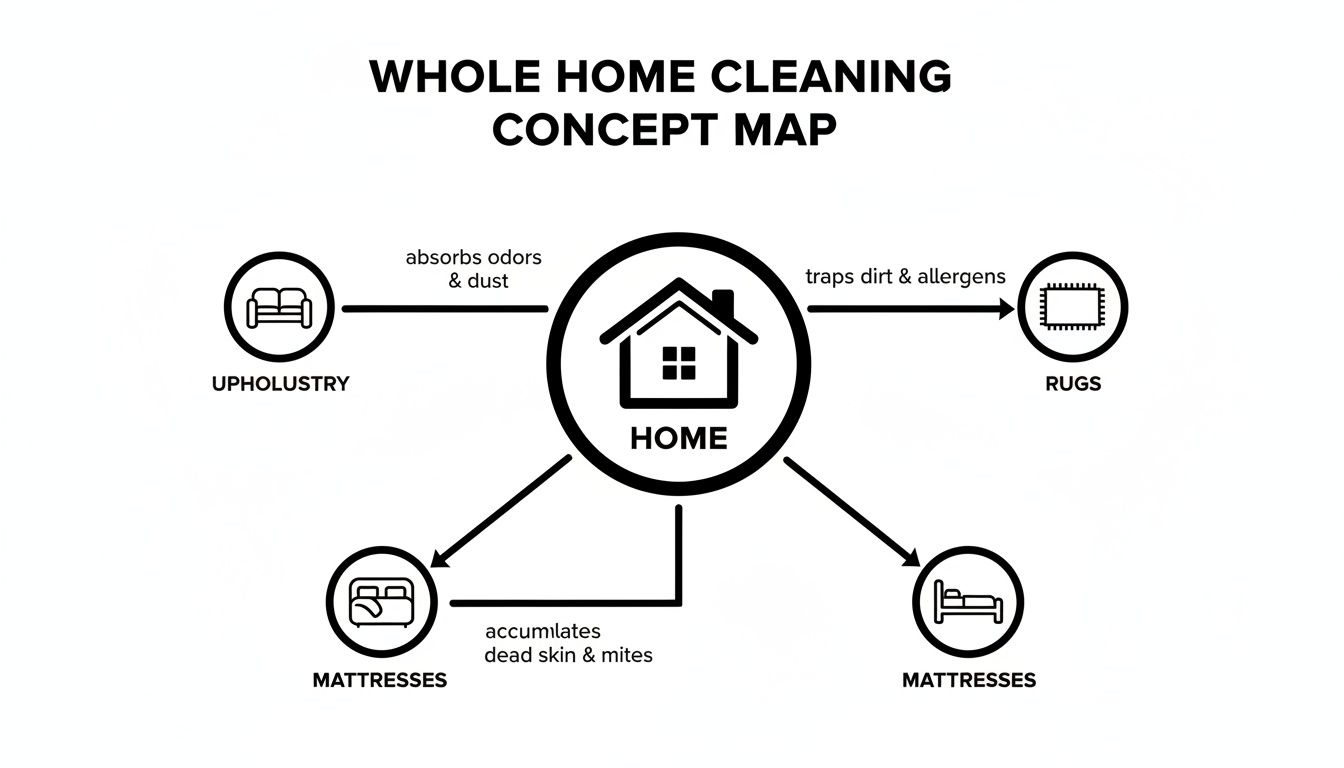 Concept map illustrating home cleaning needs for upholstery, rugs, and mattresses.