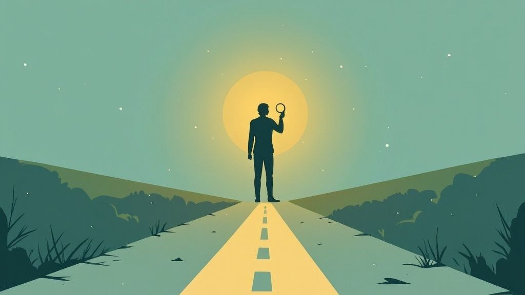 A silhouette of a person with a magnifying glass on a path, looking towards a bright, distant light.