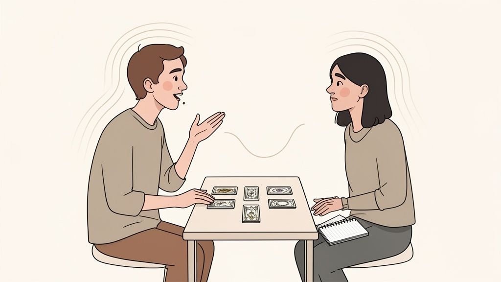 Two individuals at a table, one speaking and gesturing over cards, the other listening and taking notes.