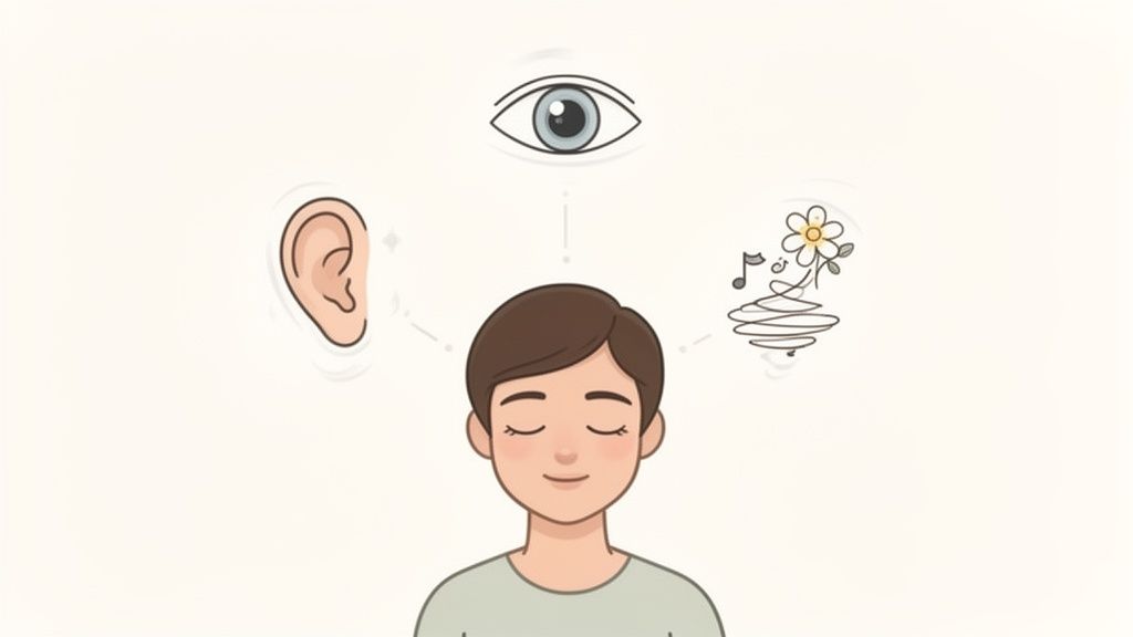 An illustration of a person meditating with symbols for sight, hearing, and other senses.