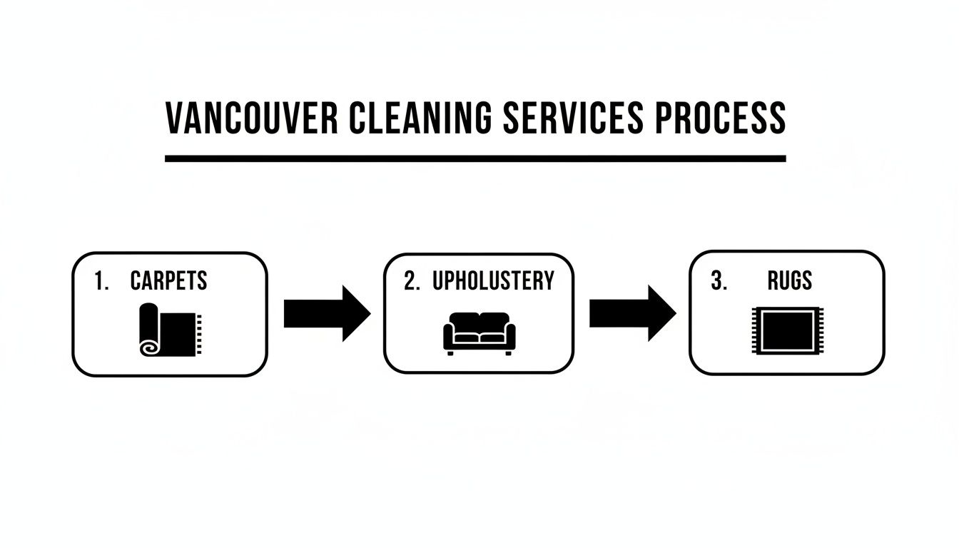 A diagram illustrating the Vancouver cleaning services process for carpets, upholstery, and rugs.