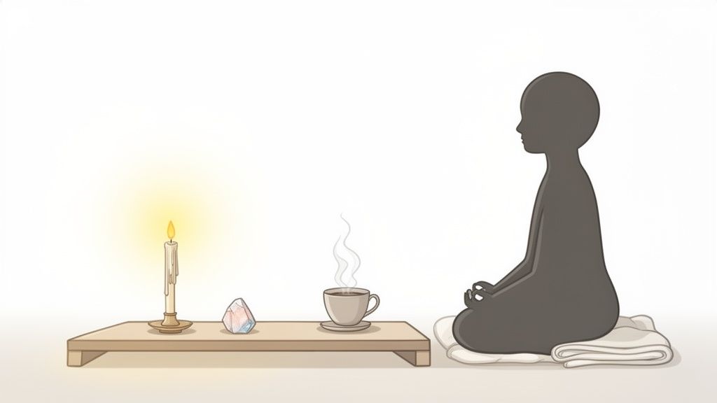 A serene meditation setup with a silhouetted person, candle, crystal, and steaming tea.