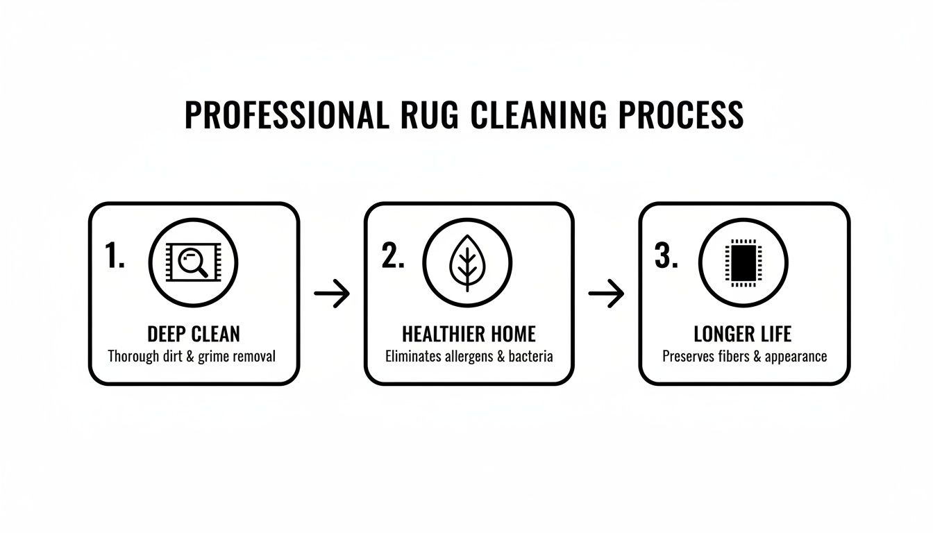 An infographic illustrating the three steps of professional rug cleaning: deep clean, healthier home, and longer life.