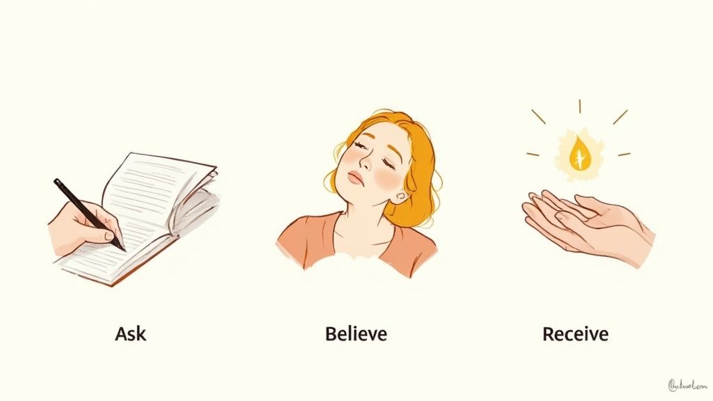 A woman creating a vision board, cutting out pictures and arranging them with focus and intention.