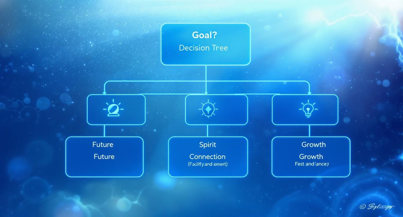 A blue glow decision tree diagram with nodes for Goal, Future, Spirit, and Growth concepts.