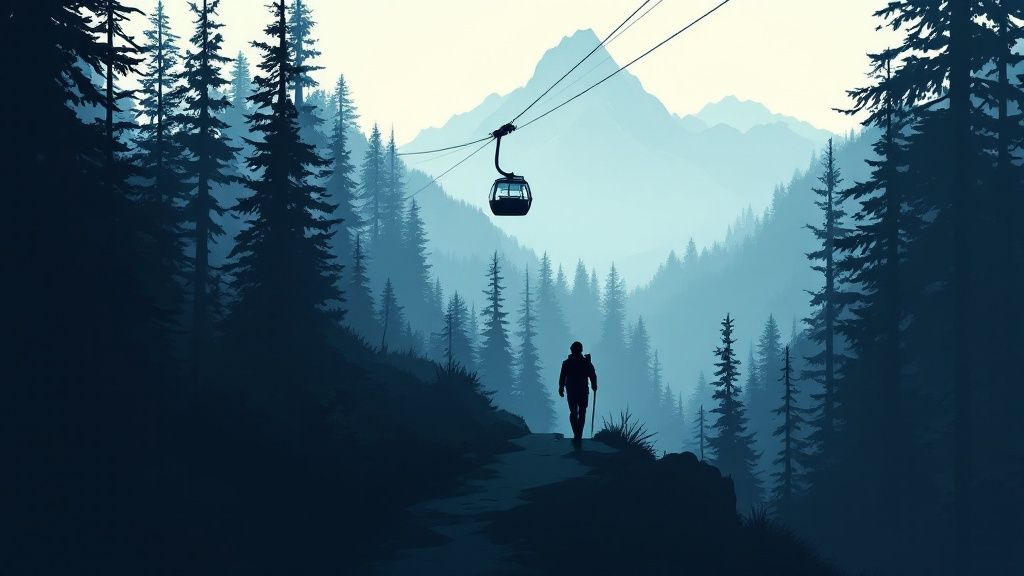 A hiker reaches the top of the Grouse Grind trail, looking out over the panoramic view of Vancouver and the surrounding mountains.