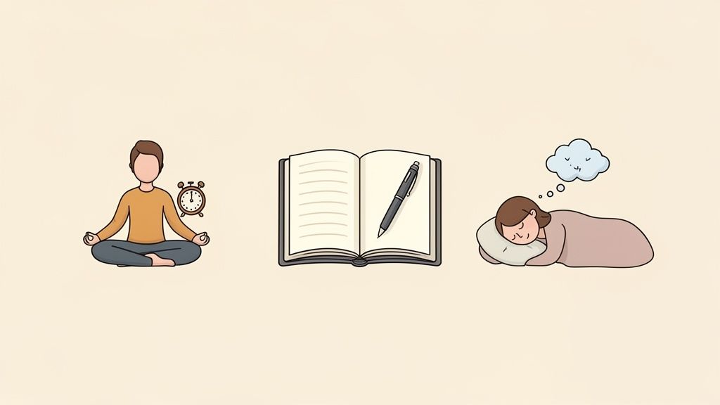 Illustrates a person meditating, an open journal with a pen, and a person sleeping peacefully.