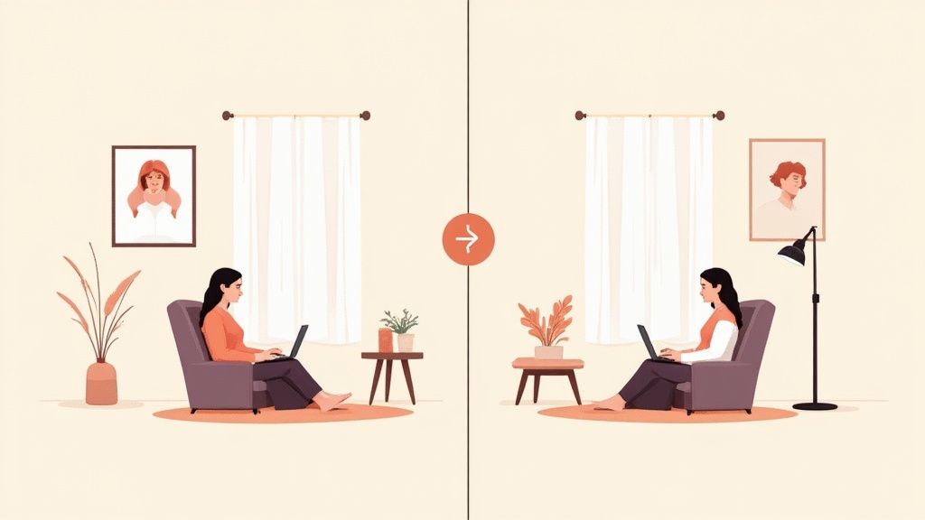 Illustrations comparing a woman with poor posture and good posture while working on a laptop.