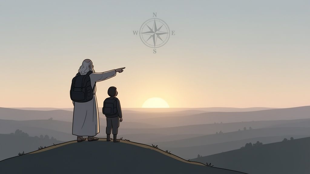 A man with a long beard guides a child towards a bright sunrise from a hilltop, with a compass above.