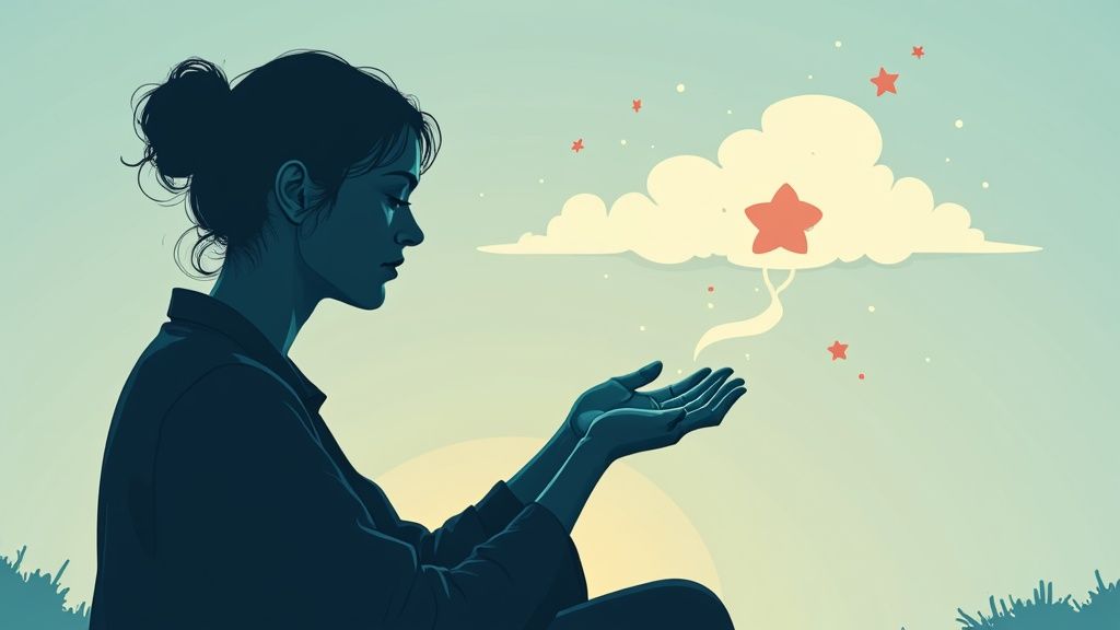 A woman with eyes closed, looking serene, against a cosmic, starlit background.