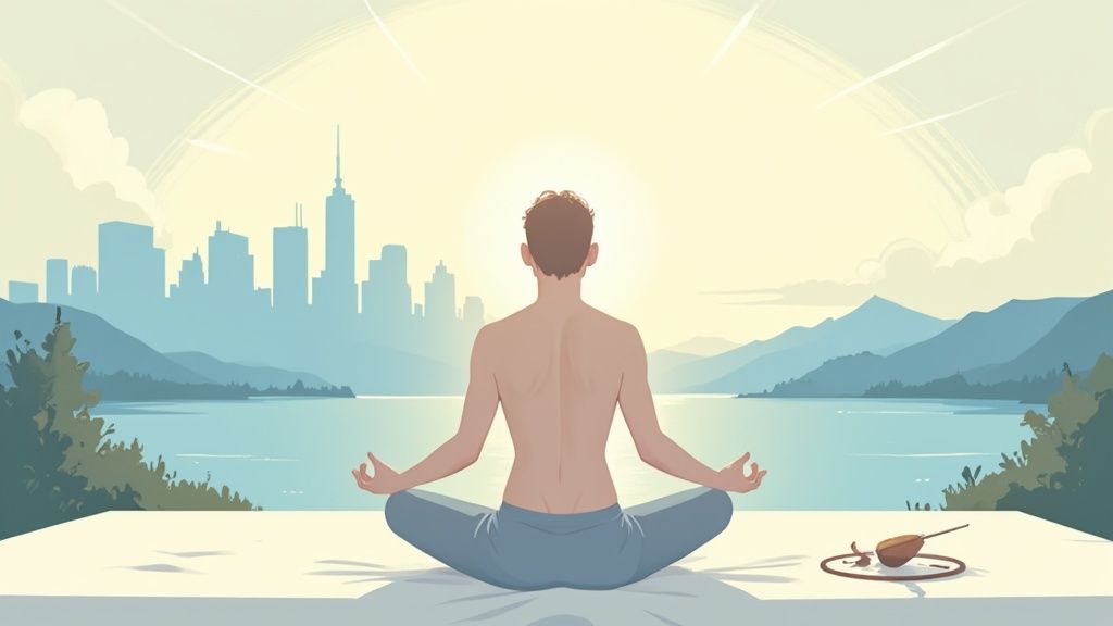 A person meditates outdoors facing a sunrise over a cityscape, a lake, and distant mountains.
