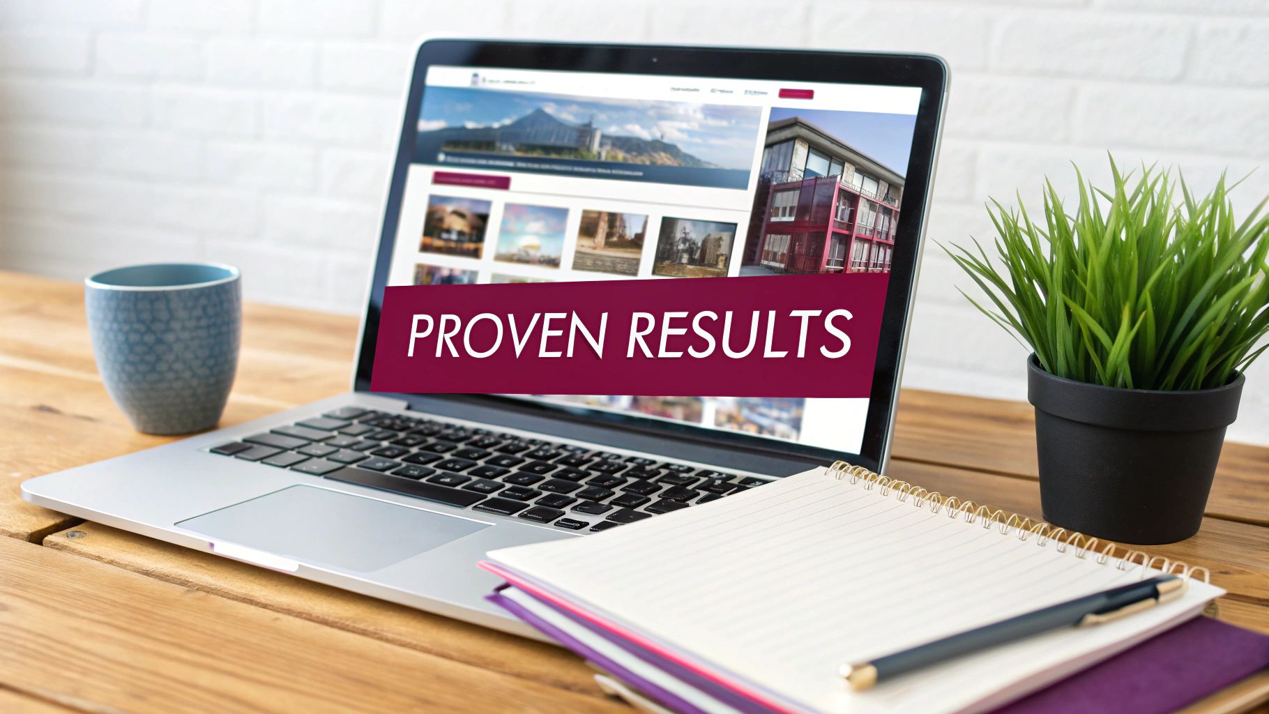 Laptop displaying a website with 'PROVEN RESULTS' on a wooden desk, next to a coffee cup and notebook.