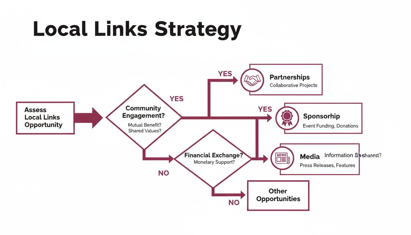 A flowchart outlining a local links strategy, detailing assessment, community engagement, financial exchange, and potential outcomes like partnerships, sponsorship, or media.