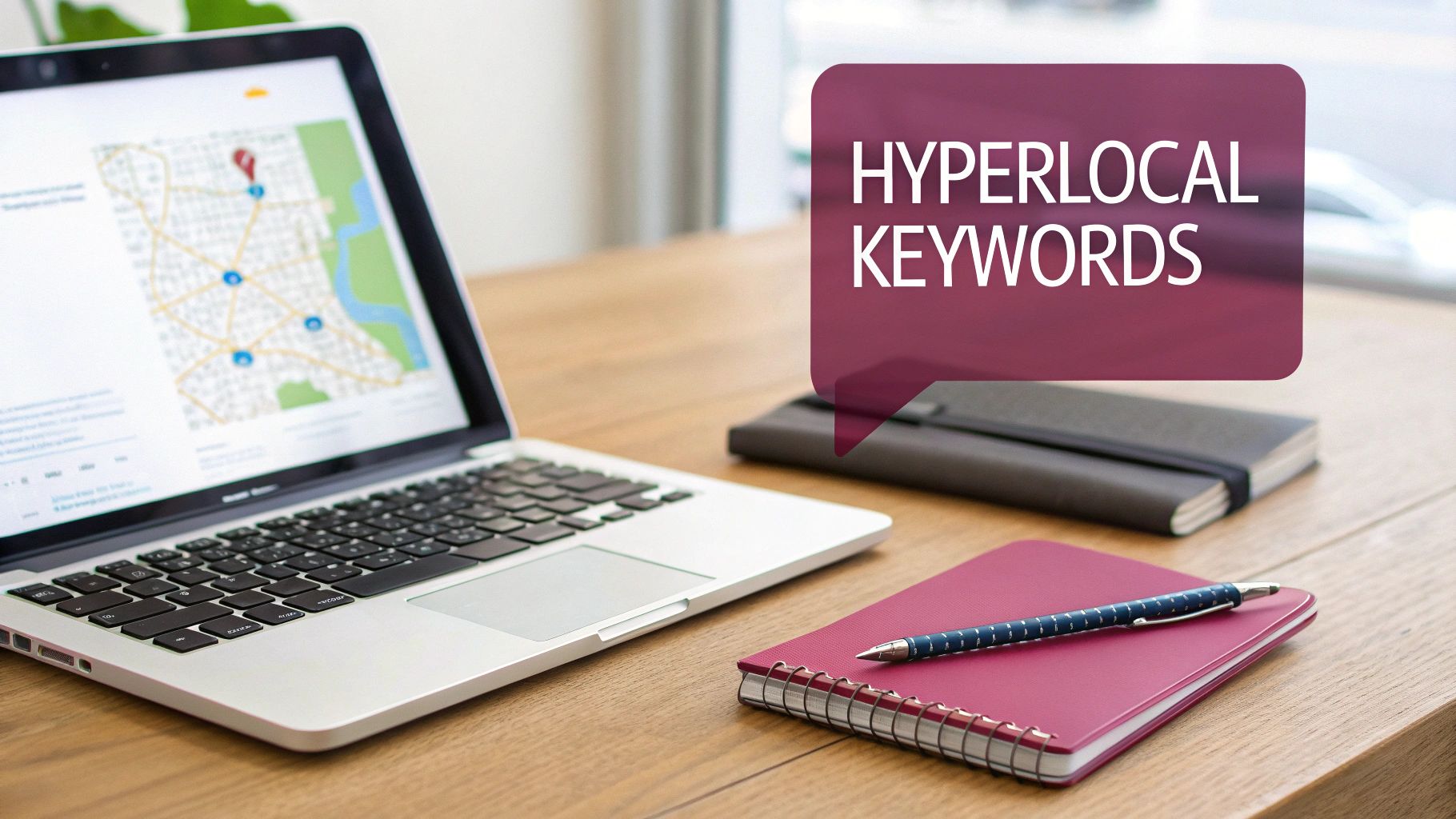 Laptop displaying map with hyperlocal keywords text overlay on desk workspace for local SEO strategy