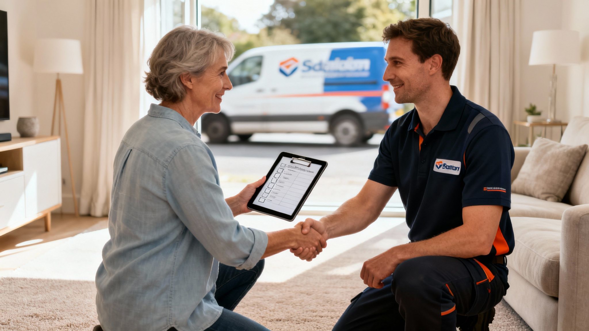 Smiling elderly woman and technician shaking hands in a living room with a service van outside.
