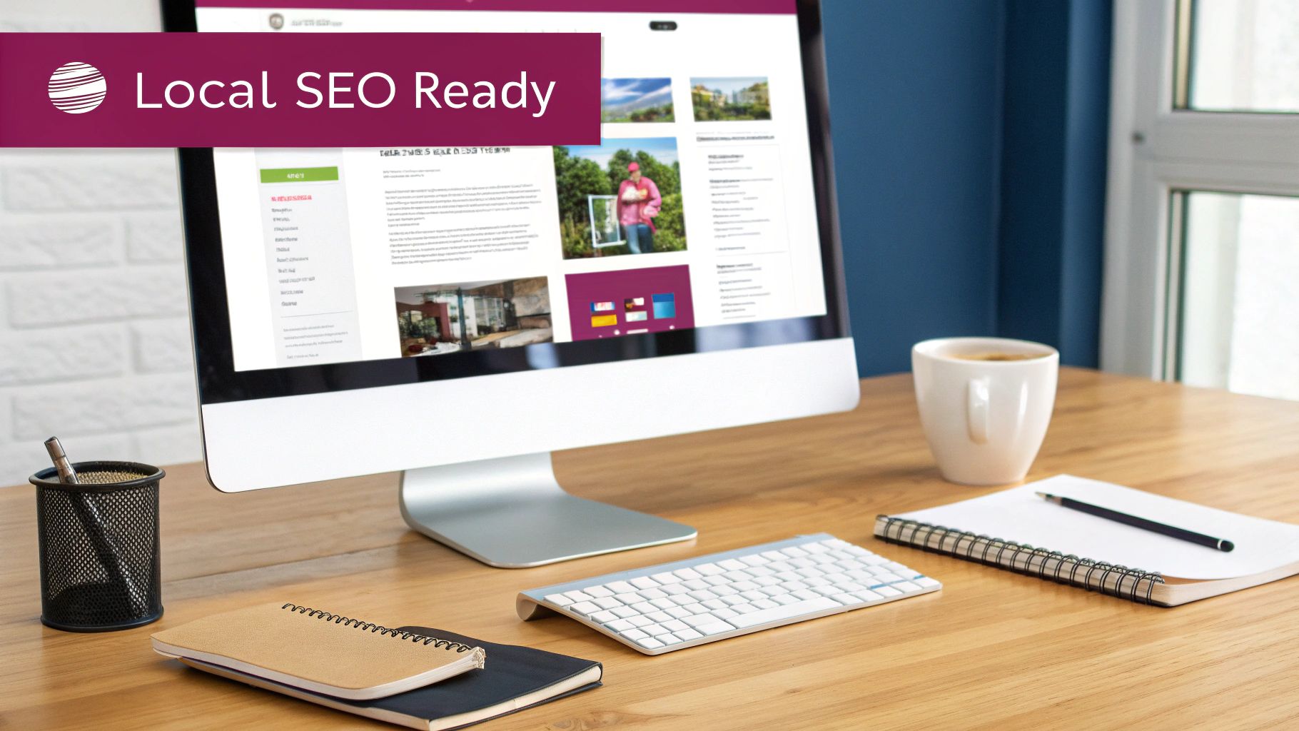 A desktop computer displaying a website, keyboard, notebooks, and coffee cup on a wooden desk with a 'Local SEO Ready' banner.