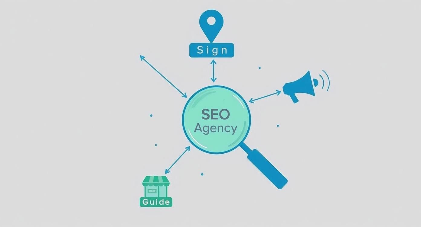 An infographic illustrates an SEO Agency's services, connecting to local business signs, promotion, and guides.