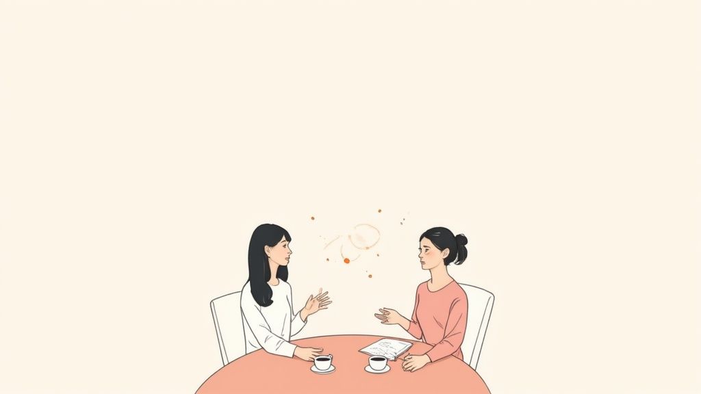 Two women at a table discussing, with coffee cups and abstract floating elements, suggesting deep conversation.