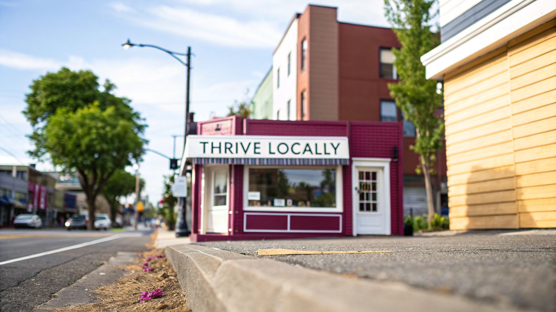 A small burgundy storefront labeled 'Thrive Locally' sits by a sidewalk and street in an urban setting.