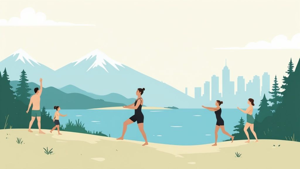 A beautiful view of Vancouver's mountains and water, symbolizing the city's connection to nature and wellness.