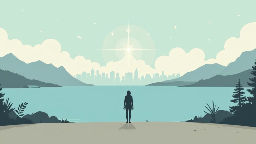 A minimalist landscape with a person standing by a lake, facing a city skyline and a bright star.