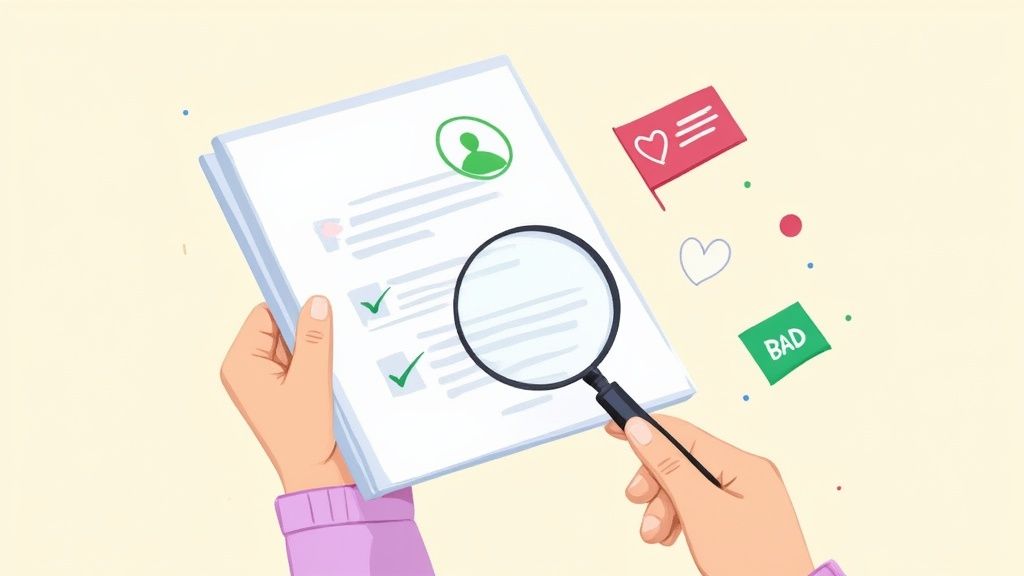 Hands inspect a document with a magnifying glass, showing a profile, checkmarks, and feedback icons.