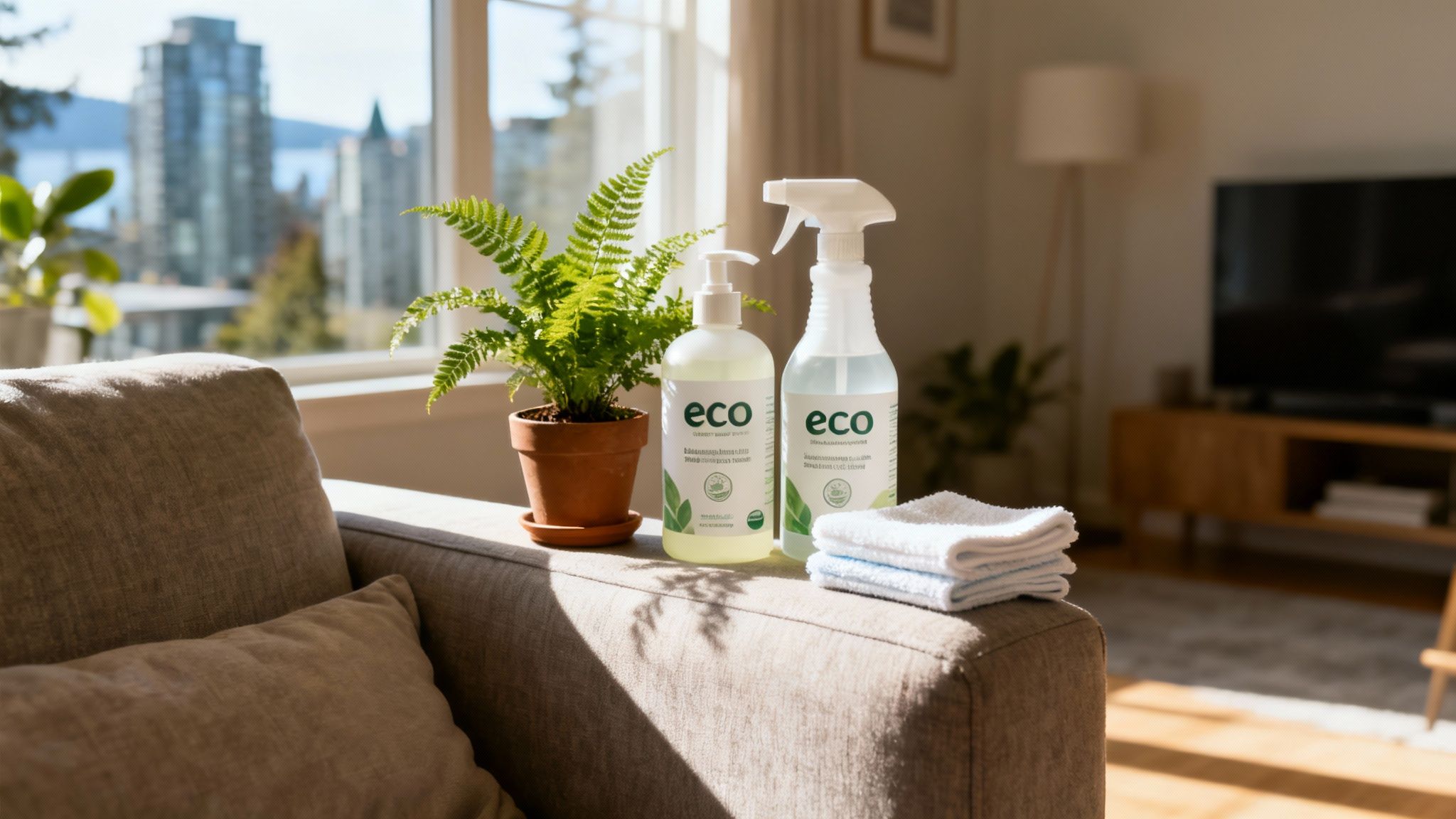 Eco-friendly cleaning products, a potted fern, and white cloths on a couch armrest with an urban window view.