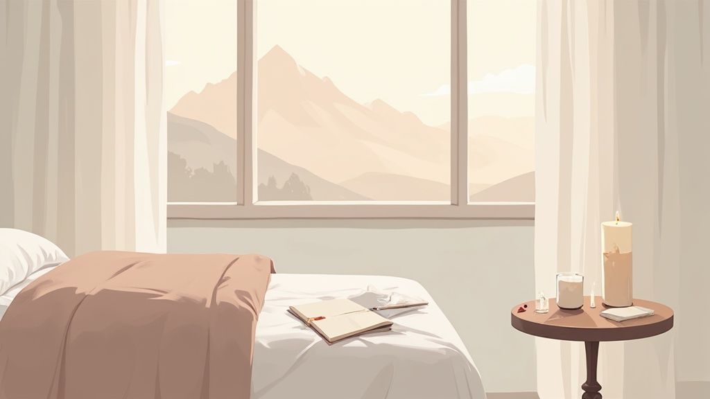A tranquil bedroom features a bed, mountain view window, and a glowing candle on a side table.