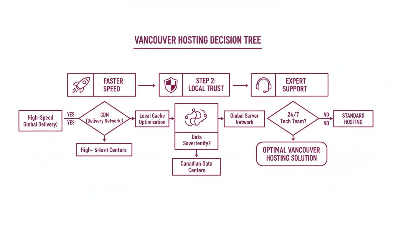 A decision tree diagram illustrating steps for selecting an optimal Vancouver website hosting solution.