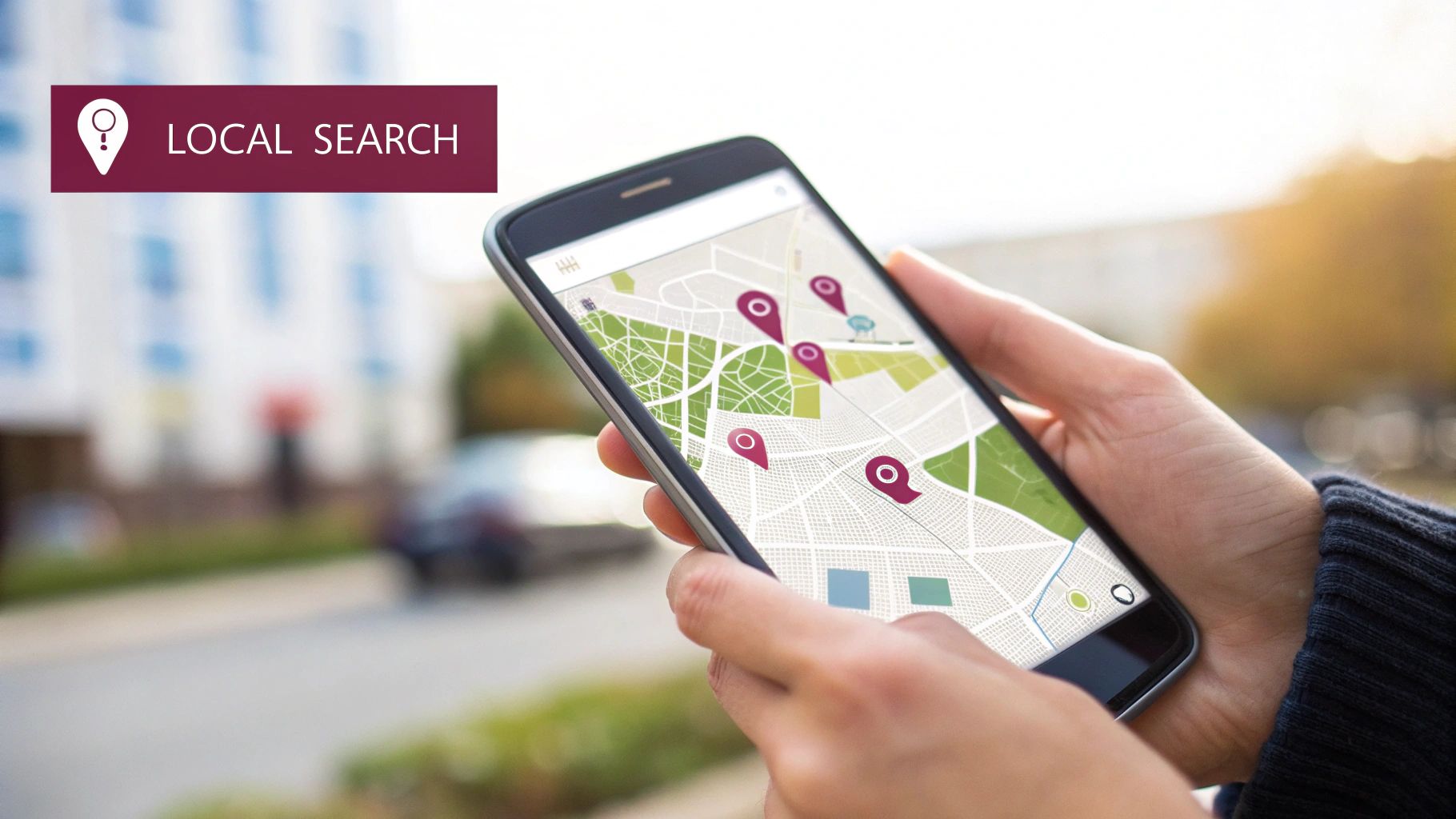 A person uses a smartphone with a map displaying local search results and location pins.