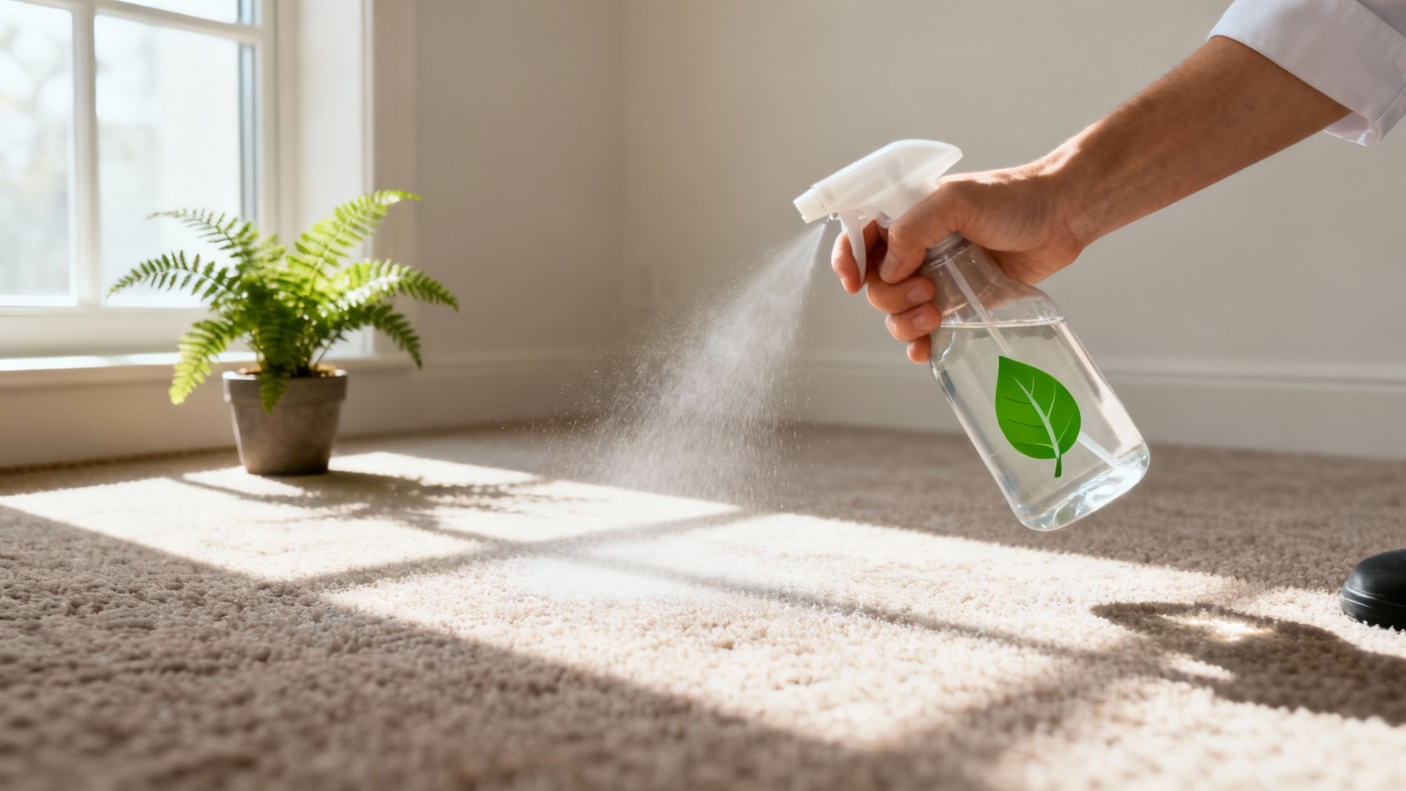 A person holding a bottle of green, plant-based cleaning solution, with a lush green plant in the background, symbolizing eco-friendly care.